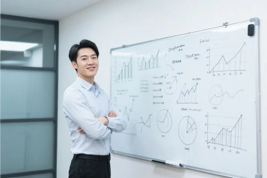 一名自信的年轻男子站在白板前,白板上写满数据分析图表,气氛充满专注与成就感