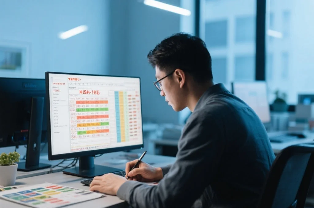 用户在电脑前分析哈希一分彩开奖计划表格，专注地做笔记和制定策略，环境现代明亮